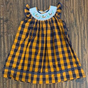 Embroidered Orange & Navy checkered Plaid Smock Duck Dress